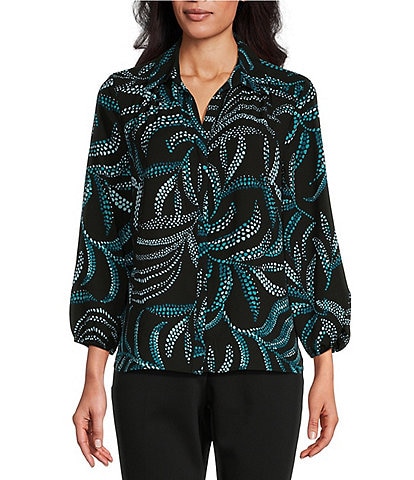 Investments Woven Stippled Palms Print Point Collar 3/4 Sleeve Button-Front Top