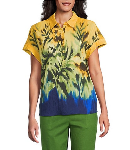 Investments Woven Tropical Floral Short Sleeve Point Collar Partial Button Front Top