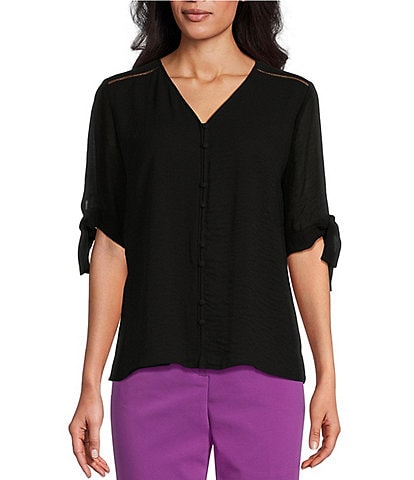 Investments Woven V-Neck Tie 3/4 Sleeve Faux Button Top