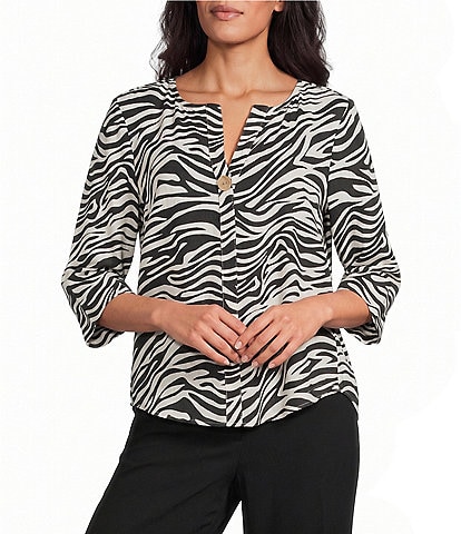 Investments Zebra Print 3/4 Sleeve Split V-Neck Button Shirt