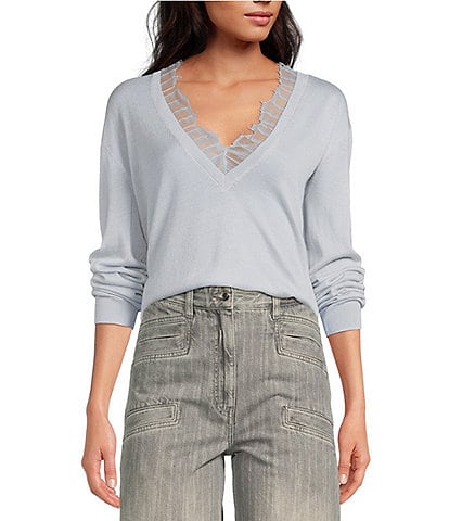 IRO Haby Fine Knit Lace V-Neck Long Sleeve Top