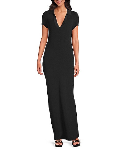 IRO Kamelia Ribbed Polo Knit Deep V-Neck Short Sleeve Maxi Dress
