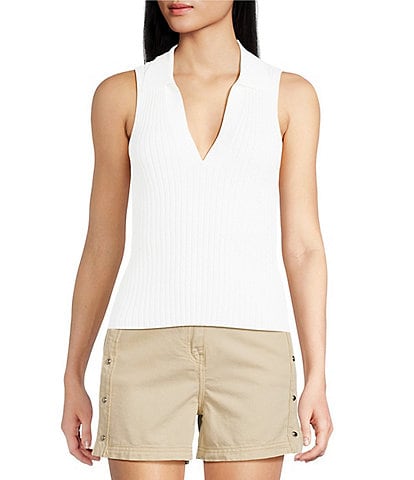 IRO Kenzie Ribbed Knit V-Neck Sleeveless Polo Top