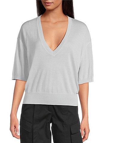 IRO Knit V-Neck Wool Blend Elbow Sleeve Sweater Top