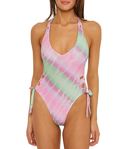 Isabella Rose Sea Shore Striped Print Lace Up Side Tie One-Piece Swimsuit