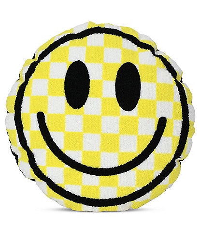 Iscream Yellow Checkerboard Smiley Chenille Plush Pillow