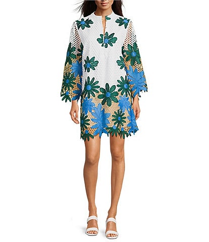 J. Marie Coleen Lace High Neck 3/4 Sleeve Mini Shift Dress