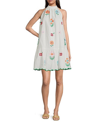J. Marie Eloise Halter Neck Sleeveless Embroidered Mini Shift Dress