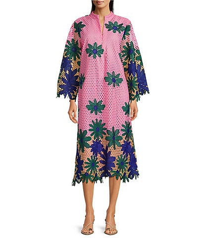 J. Marie Emery Lace High Neck 3/4 Sleeve Scalloped Hem Midi Shift Dress