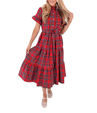 J. Marie Hollin Plaid Print Short Ruffle Sleeve Button Front Neckline Adjustable Tie Belt Midi Dress