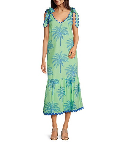 J. Marie Isla Topical Palm Print Ric Rac Scalloped Trim V-Neck Sleeveless Tie A-Line Midi Dress