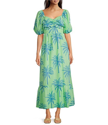 J. Marie Isla Tropical Palm V-Neck Short Puff Sleeve Midi Tiered Dress