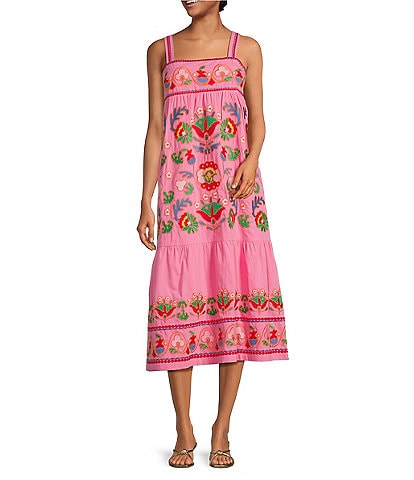 J. Marie Landon Embroidery Square Neck Sleeveless Midi A-Line Dress
