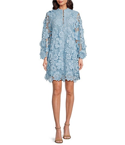 J. Marie Seraphina Floral 3D Lace Split V-Neck Button Up Long Sleeve Shift Dress