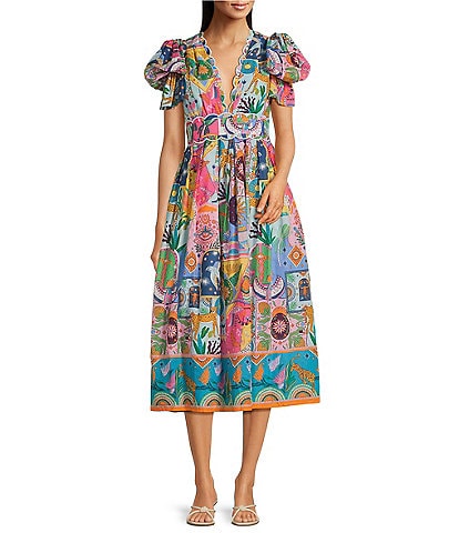 J. Marie Sloane Abstract Print V-Neck Short Sleeve Bow Midi A-Line Dress