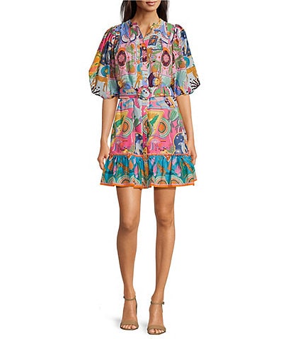 J. Marie Sloane Printed Button Up Puff Sleeve Belted Mini Dress