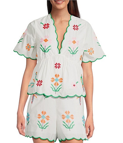 J. Marie Tessie V-Neck Short Sleeve Floral Embroidered Peplum Scalloped Trim Coordinating Top
