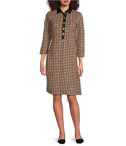 J. Mclaughlin Falcon Bainbridge Printed Point Collar V-Neck 3/4 Sleeve Sheath Dress