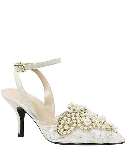 J. Renee Desdemona Floral Mesh and Pearl Applique Ankle Strap Pumps