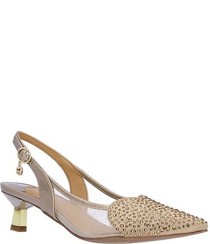 J. Renee Gwyn Patent Mesh Embellished Slingback Pumps