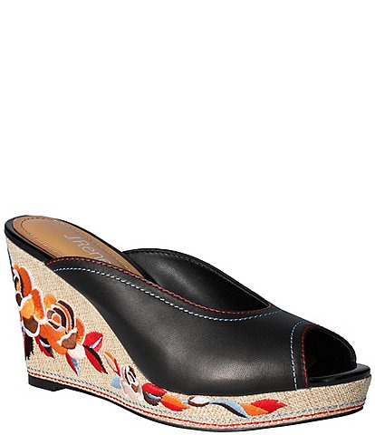 J. Renee Haleesi Leather Floral Embroidered Wedge Peep Toe Slides
