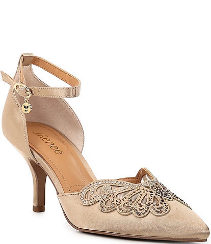 J. Renee Isabetta Satin Rhinestone Butterfly Ankle Strap Pumps