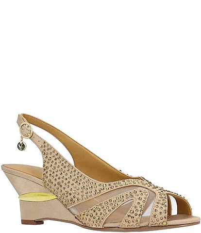 J. Renee Lovela Satin Rhinestone Mesh Slingback Wedge Peep Toe Pumps