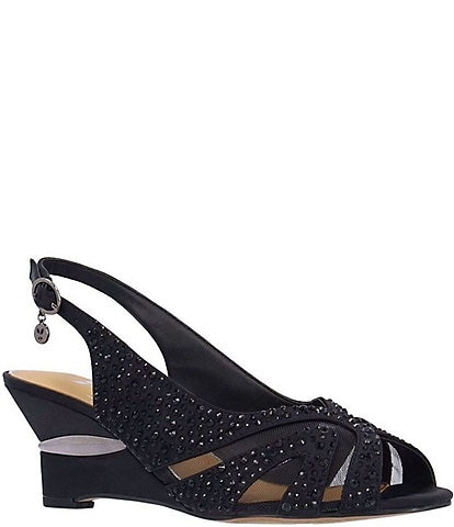 J. Renee Lovela Satin Rhinestone Mesh Slingback Wedge Peep Toe Pumps