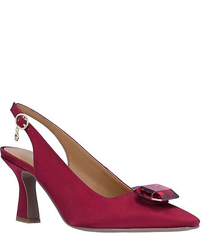 J. Renee Saskia Satin Big Jewel Sling Pumps