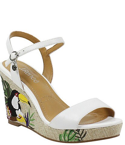 J. Renee Triella Leather Toucan Embroidered Platform Ankle Strap Wedge Sandals