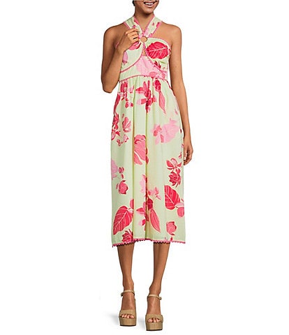 J.Marie Alara Floral Print Halter Sleeveless Scallop Trim Midi Dress