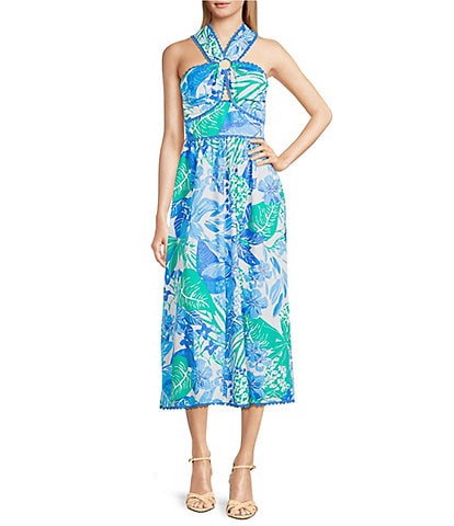 J.Marie Andie Tropical Leaf Print V-Neck Sleeveless Ric Rac Trim Midi A-Line Dress