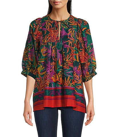 J.Marie Asher Woven Floral Printed Tie Split V-Neck 3/4#double; Puff Sleeve Tunic