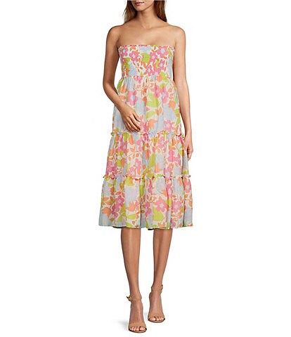 J.Marie Ava Mae Floral Print Smocked Convertible Tiered Skirt Dress