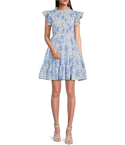 J.Marie Chloe Louise Floral Print Smocked Ruffled Mock Neck Short Sleeve Tiered A-Line Dress