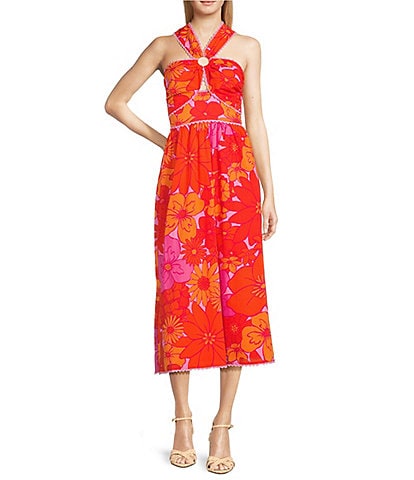 J.Marie Floral V-Neck Sleeveless Ric Rac Trim Midi A-Line Dress