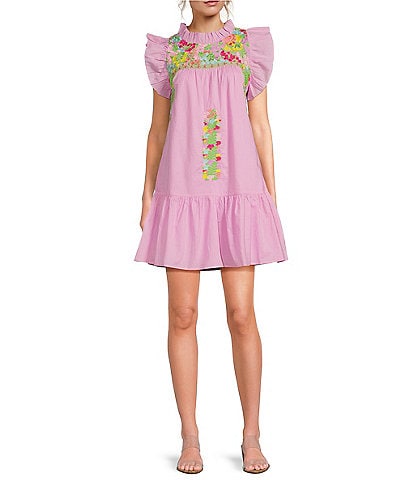 J.Marie Harlyn Embroidered Mock Neck Ruffled Cap Sleeve Novelty Trim Tiered Shift Dress