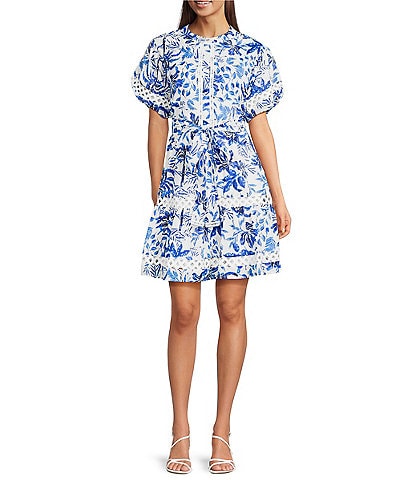 J.Marie Hayden Button Up Puff Sleeve Tiered Tie A-Line Dress