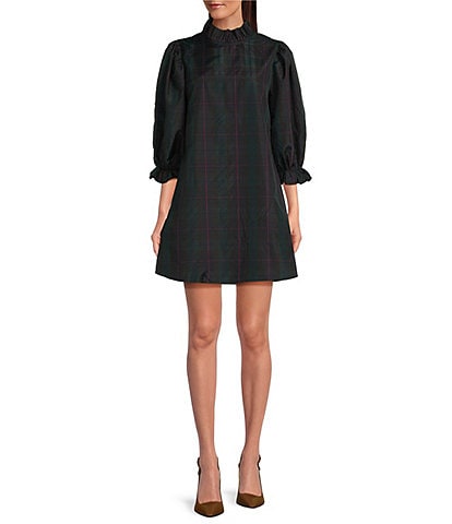 J.Marie Katrina Plaid Back Bow Tie Ruffle Mock Neck 3/4 Sleeve Shift Mini Dress