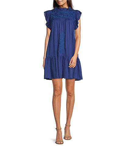 J.Marie Kelsea Ruffled Neck Cap Sleeve Embroidered Tiered Dress