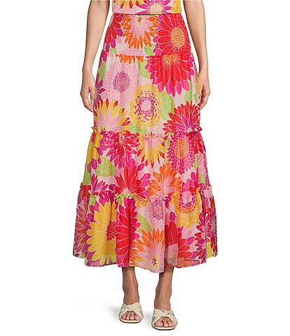 J.Marie Leilani Floral Print Smocked Convertible Coordinating Tiered Skirt Dress