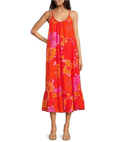 J.Marie Lizzie Floral Print Scoop Neck Braided Strap Midi Dress