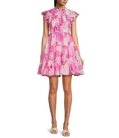 J.Marie Maisie Floral Print Smocked Ruffle Crew Neck Cap Sleeve A-Line Tiered Dress