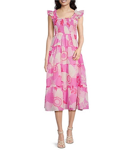 J.Marie Maisie Floral Print Square Neck Ruffle Strap Tiered Midi Dress