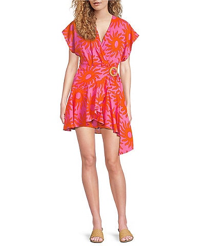 J.Marie Mara Sun Print V-Neck Short Flutter Sleeve Wrap Front Romper