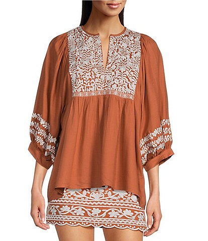 J.Marie Maria Floral Embroidered Split Round 3/4 Puff Sleeve Flounce Tunic