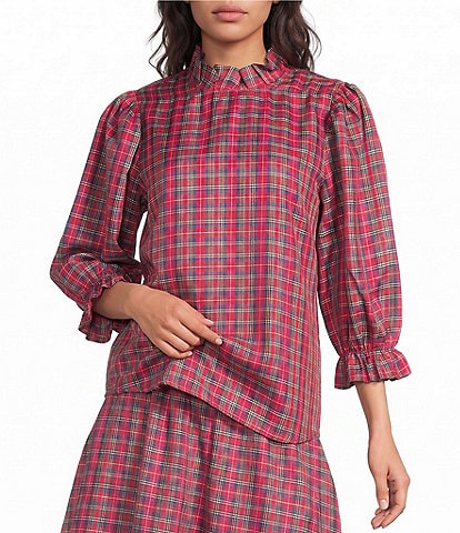 J.Marie Mock Neck 3/4 Sleeve Bow Back Plaid Coordinating Top