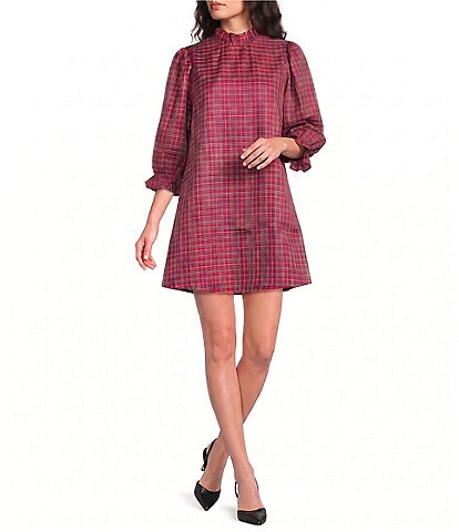 J.Marie Mock Neck Bow 3/4 Sleeve Plaid Shift Dress