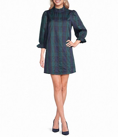 J.Marie Mock Neck Bow Back 3/4 Sleeve Tartan Plaid Shift Dress