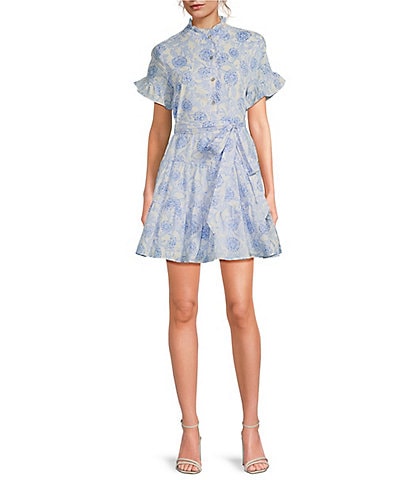 J.Marie Palmer Floral Print Short Ruffled Sleeve Belted Button Front Dress